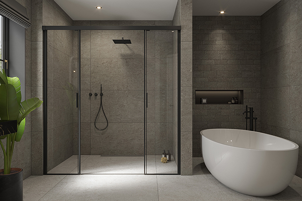 Frameless Impey glass panels create airy, contemporary walk-in showers.