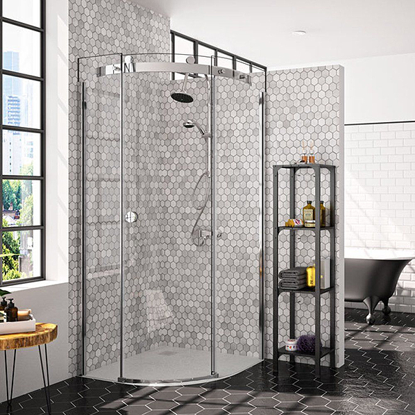 Frameless Merlyn Collection walk-in panel creating a sleek, open shower space.