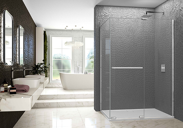 Spacious Merlyn Arysto walk-in shower panel with Stayclear coating.