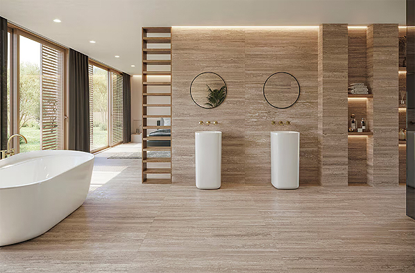 Porcelanosa wood-effect bathroom floor tiles with anti-slip surface.