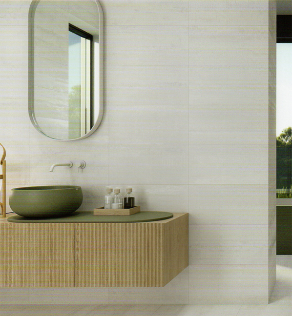 Porcelain floor tiles with a stone-effect finish in a family bathroom.